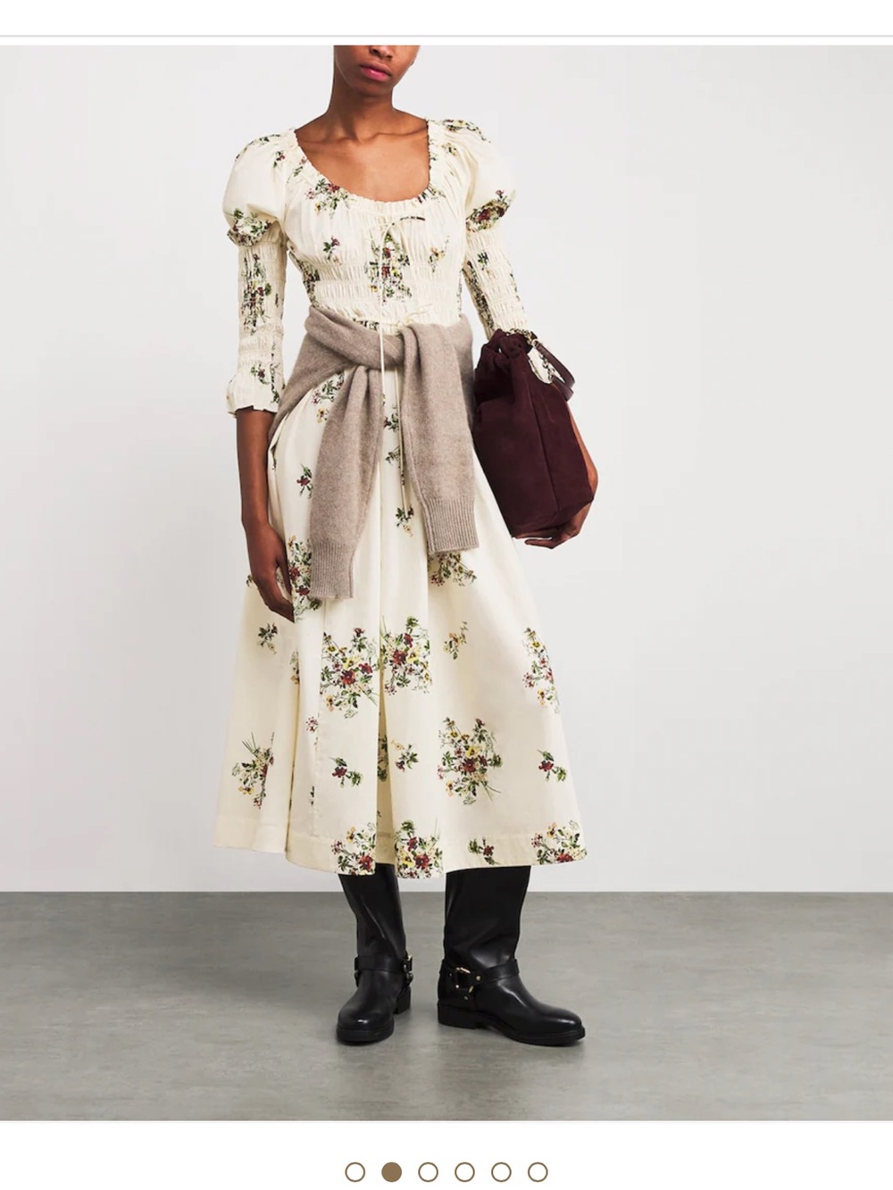 Doen Kiarra  dress- Cream Floral Midi Dress with Puff Sleeves wore for an hour